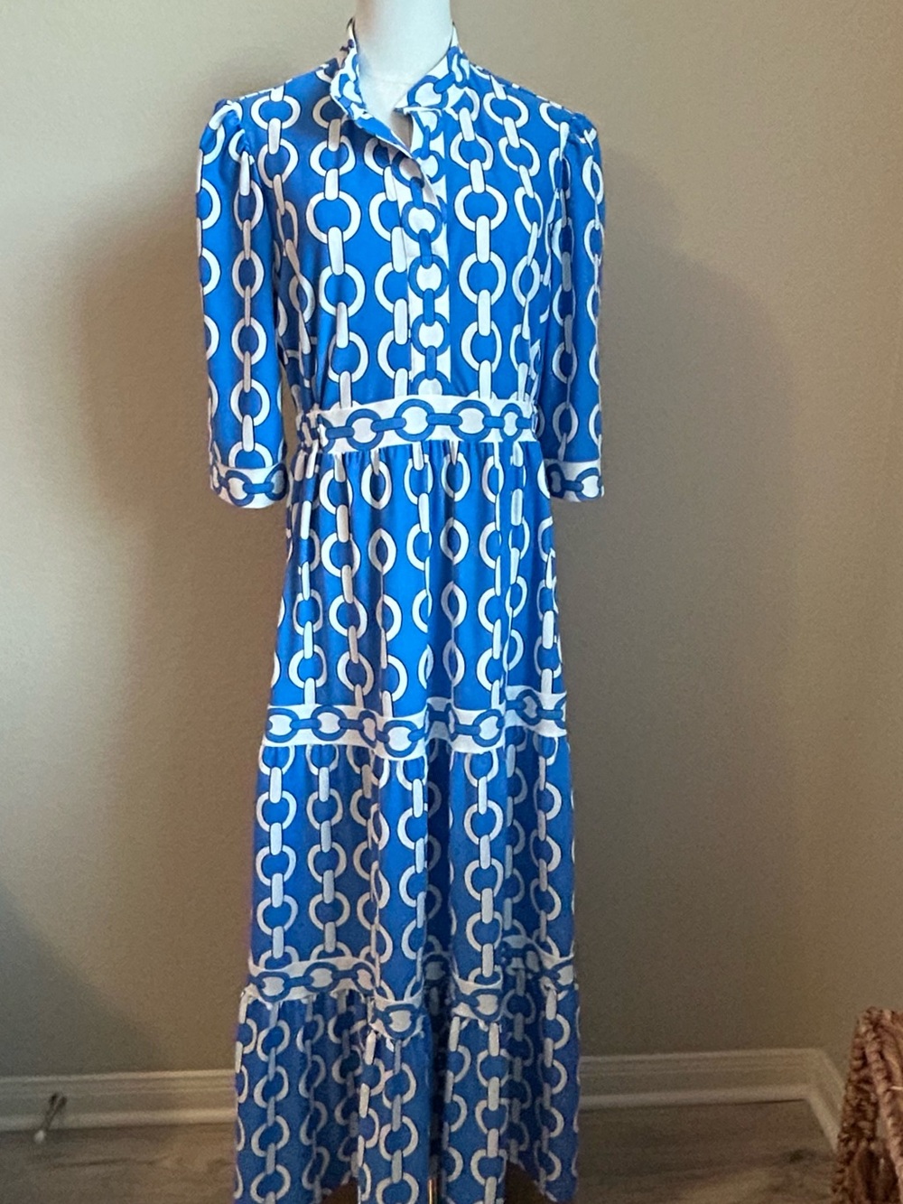 Jude Connally Blue and White Chain-Print Maxi Dress